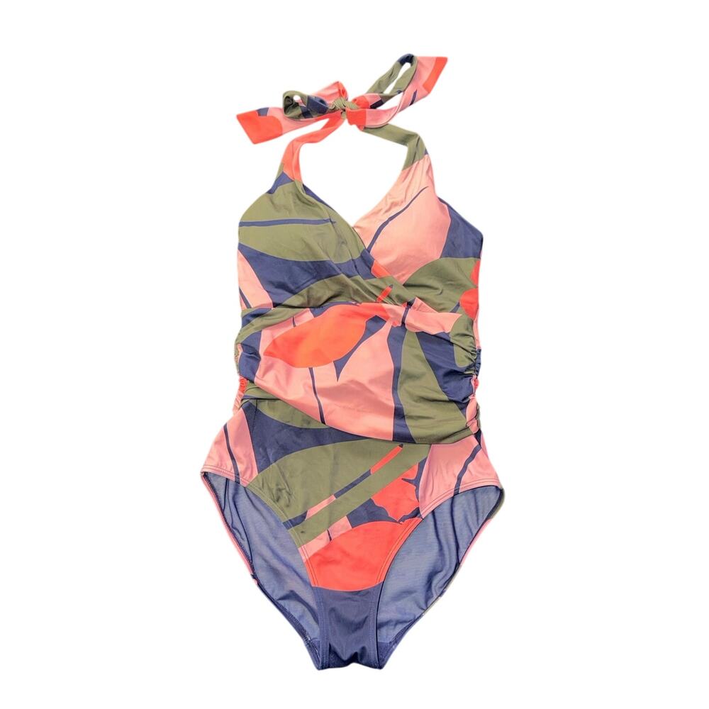 Boden Tropical Floral Halter One Piece Swimsuit US 8L Pink Green Ruched Retro